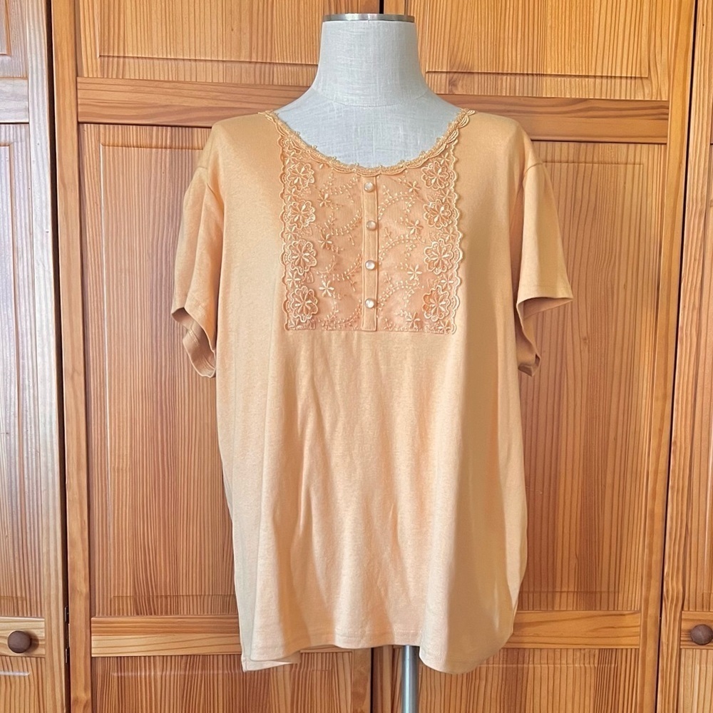 NWT CJ Banks 3X Orange 100% Cotton Embroidered Short Sleeve Shirt Casual Modest - Picture 2 of 8